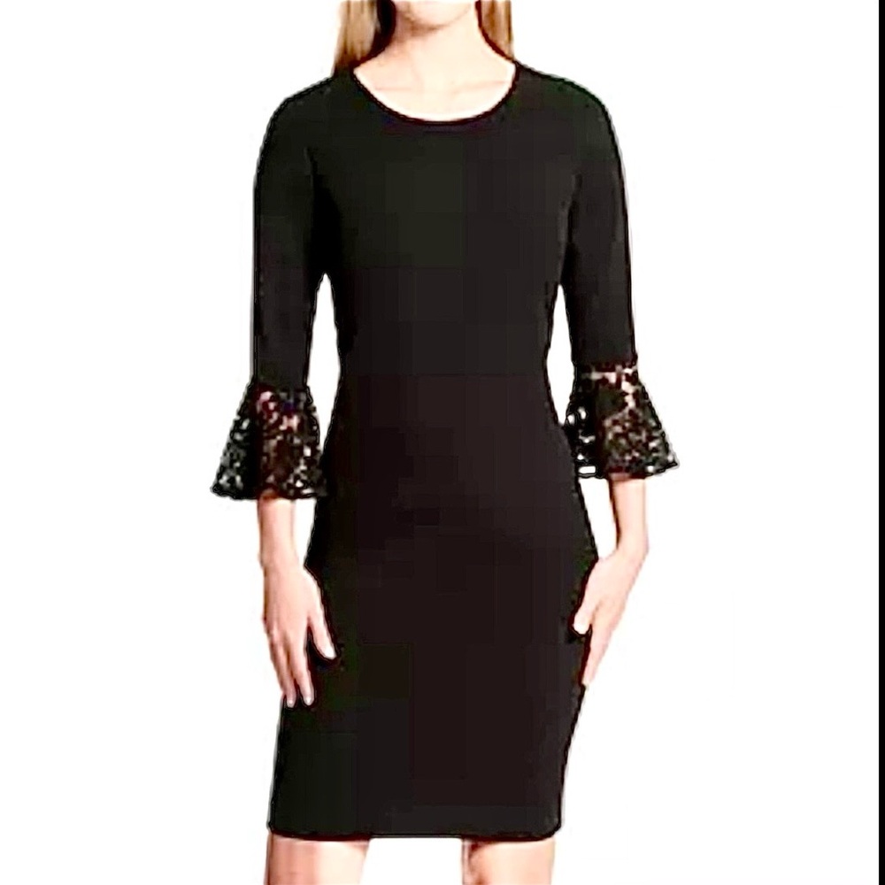 Tommy Hilfiger Sz 12 Black Lace 3/4 Bell-Sleeve Sheath Dress Like New